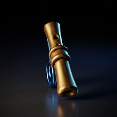 Wooden flute with a string and ornament.