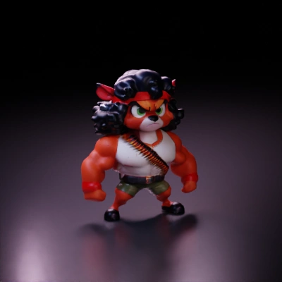 Cartoon muscular warrior fox, fierce expression, commando outfit.