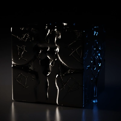 Shattered cube with reflective surfaces.