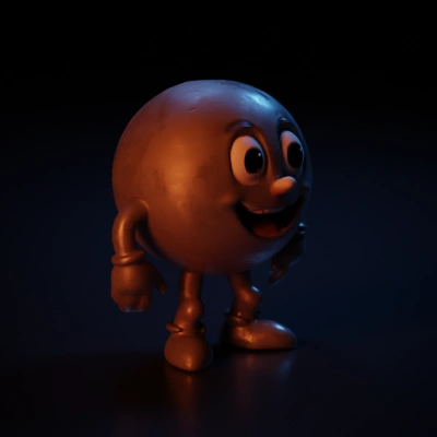 Round moon character with human-like limbs, smiling face.