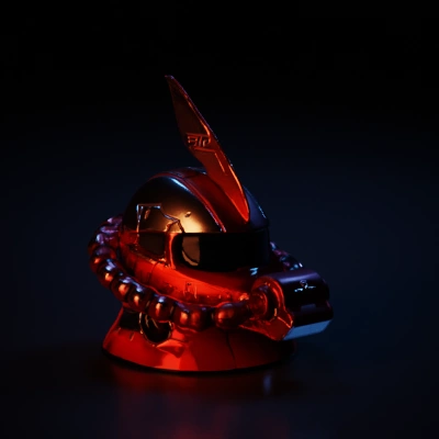 Robot helmet, antenna on top, hand nearby.