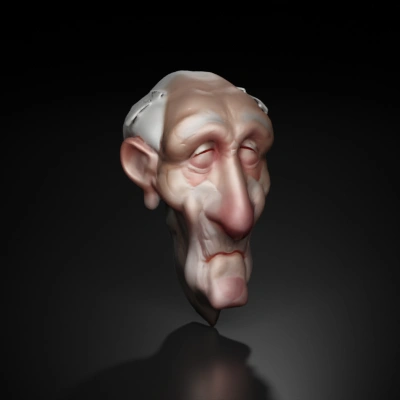 Elderly man with exaggerated facial features, cartoonish.