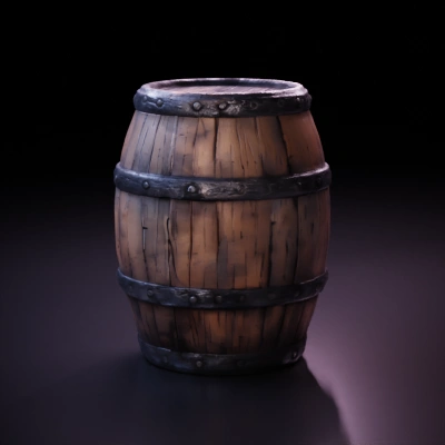 richly detailed rum barrel, distressed wood, carved foam, game asset, 3D model, thick wood grain, white background.