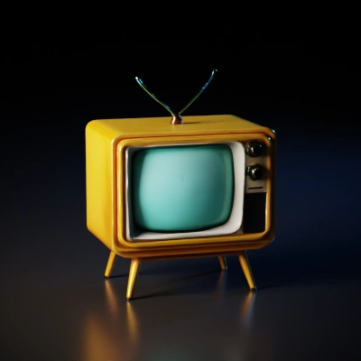 Retro style television with antenna, vintage knobs, four legs.
