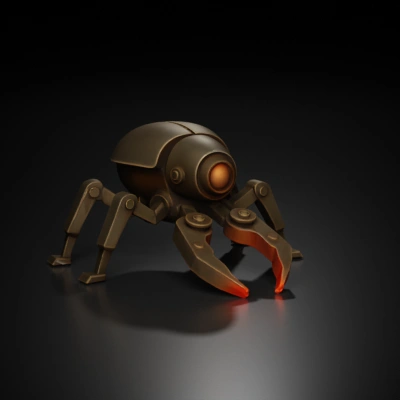 Small robotic spider with red glowing eye.