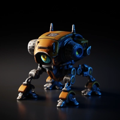 Robotic quadruped with detailed mechanics and large eye.