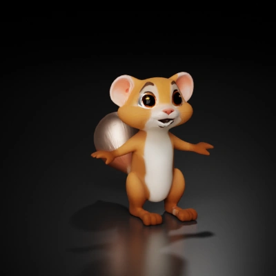 Cartoon chipmunk character with big expressive eyes and a lot of fur.