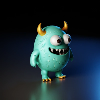 Cartoonish monster with horns, big eyes, sharp teeth.