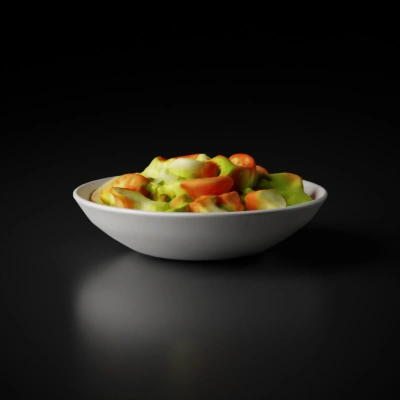 Bowl of fresh salad with tomatoes, lettuce, croutons.