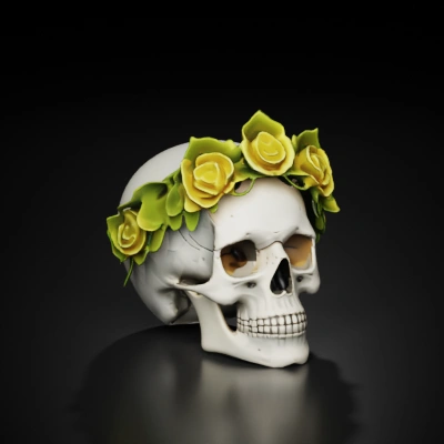 low poly skull with a floral crown with a rose in its mouth.