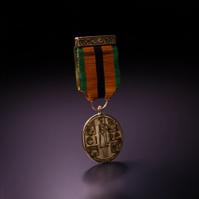 Military medal with ribbon, detailed central portrait.