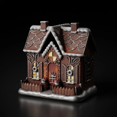 Decorative gingerbread house with icing details.