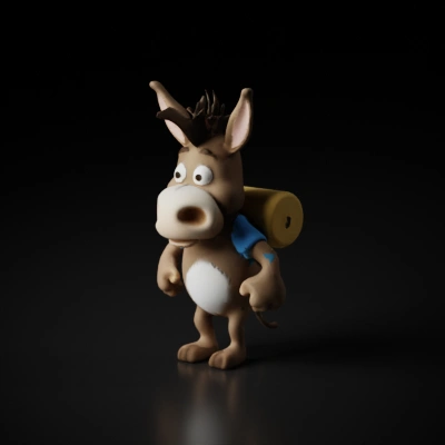Cartoon donkey with backpack, cheerful expression.
