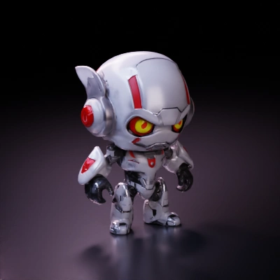 Chibi-style futuristic robot character, large head.