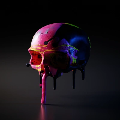 Skull with glasses and paint splatters, graffiti art.