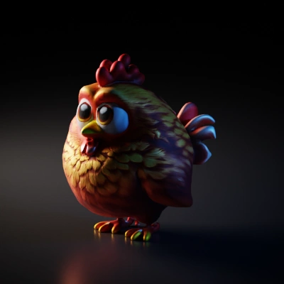 Cartoony chicken-like character with large eyes.