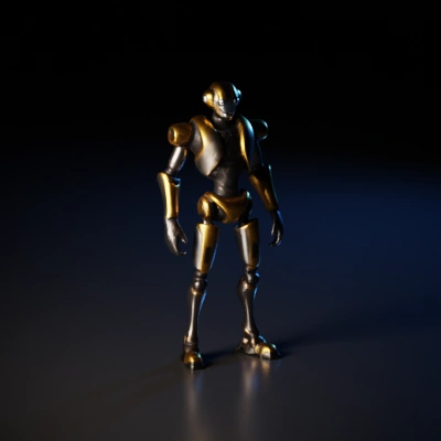 Robotic humanoid angry character with armor, joints, and LED lights.