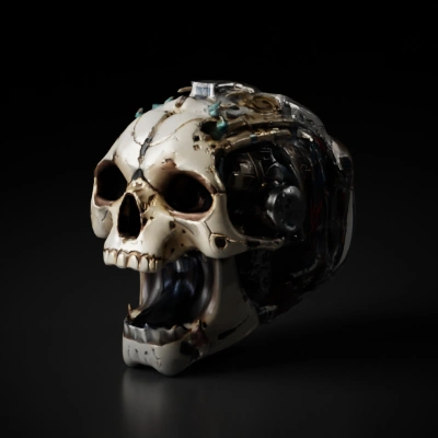Human skull robot with exposed wiring and mechanical components.