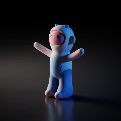 Stylized humanoid character, smiling, digital rendering.