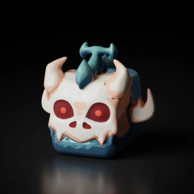 Cartoonish skull with horns, animated style.