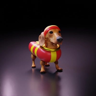 Dog wearing life vest and hat, standing.