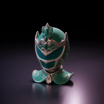 Knight helmet with intricate designs, detailed ornamentation.