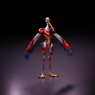 Mechanical bird with robotic features, humanoid characteristics, wings extended.