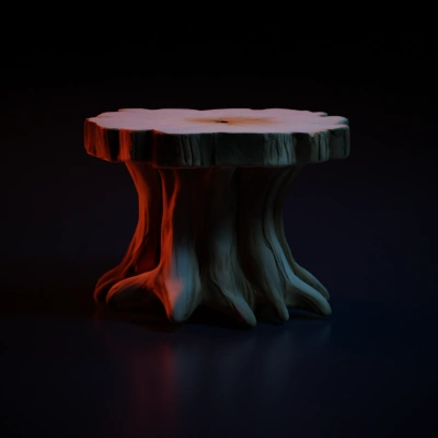 Tree stump table with VERY EXAGERATED wood details.