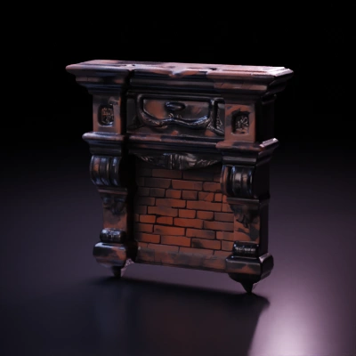 Ornate fireplace mantle with brick interior.