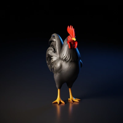 Rooster, feathered, standing upright, comb, wattles.