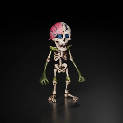 Zombie skeleton with exposed brain, cartoonish design.