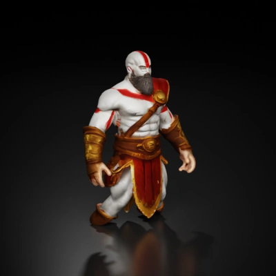 Warrior with red markings, muscular build, ancient attire.