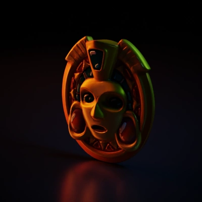 Aztec-inspired golden mask with gemstone decorations cazual style, flat colors