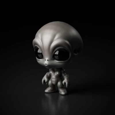 Alien character with large eyes and small body.