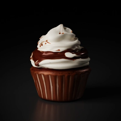 Cupcake with creamy frosting and chocolate drizzle.