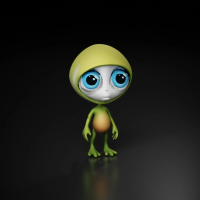 Alien character with large eyes and small body.