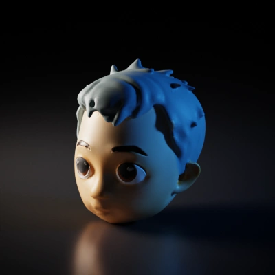 Animated childlike character head, large eyes, detailed hair.