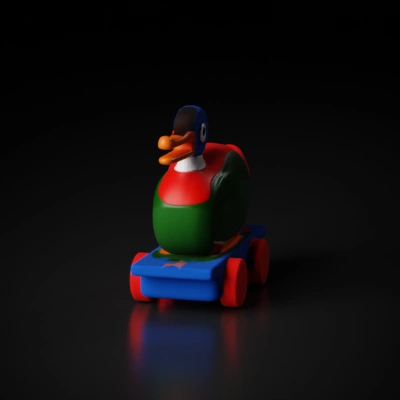 Wooden duck toy on wheels.