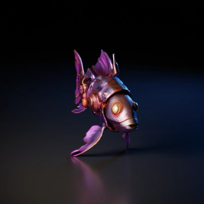 Mechanical fish with futuristic design and glowing parts.