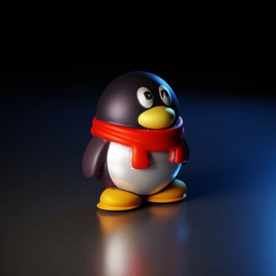 Chubby cartoon penguin with red scarf.