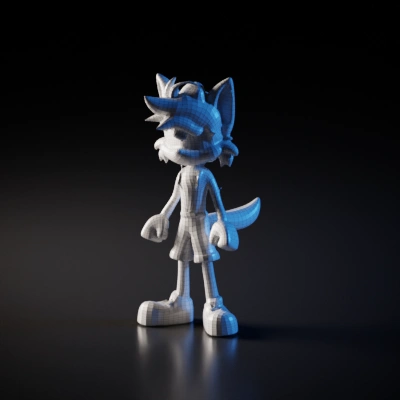 Fox-like cartoon character, anthropomorphic. simple geometry, character, game-ready, sharp edges