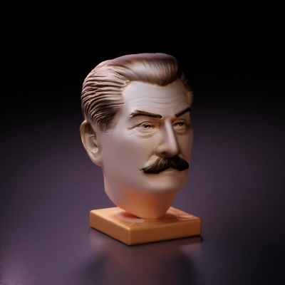 Stylized male bust with prominent mustache.