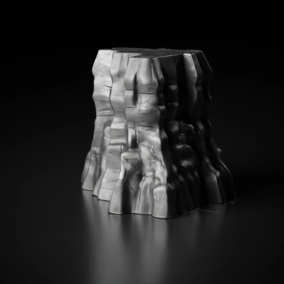 A rocky cliff face with a rugged texture and towering form stands as an asymmetrical wall.