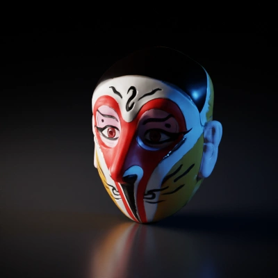 Painted theatrical mask, face design, exaggerated features.