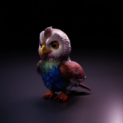 Cute cartoonish owl character, detailed feathers.