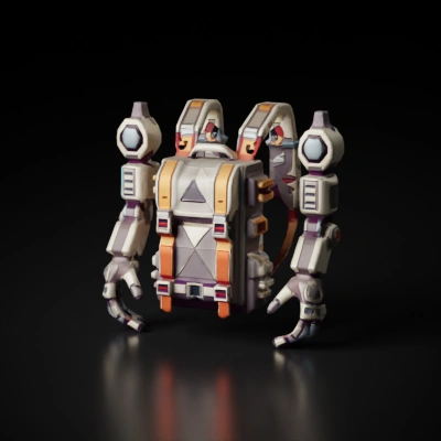 Mechanical backpack with robotic arms, sci-fi design.