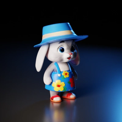 Cartoon rabbit in outfit.