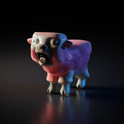Cartoon sheep with exaggerated features, four legs.