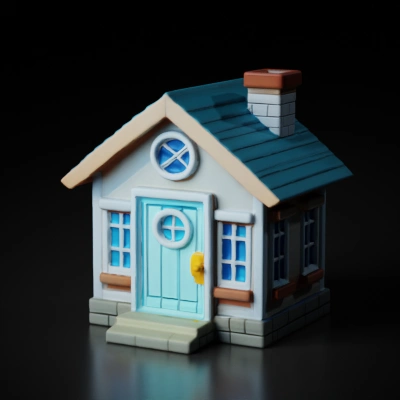 Toy-like small house with chimney and round windows.