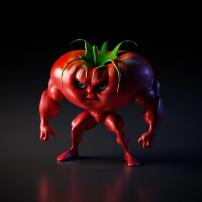 Muscular anthropomorphic tomato with fierce expression.